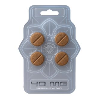 Blister pack containing four brown Elythra Labs 40 mg Full Spectrum Mitragynine Kratom Extract Tablets, arranged in a flower-patterned plastic package with brand logo and dosage marking.