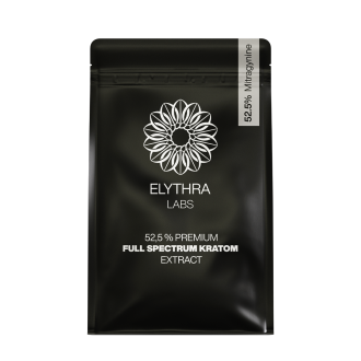 Black packaging of ELYTHRA LABS 52.5% Premium Full Spectrum Kratom Extract with white floral logo and 52.5% Mitragynine label.