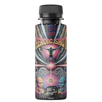 Elythra Labs Heroic Shot bottle, 8.8 ml ultra-concentrated kratom energy shot with 180 mg Mitragynine. Psychedelic label design featuring bold cosmic artwork, radiant hero figure, and vibrant colors symbolizing extreme power.