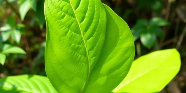 Close-up of a green kratom leaf on a surface.