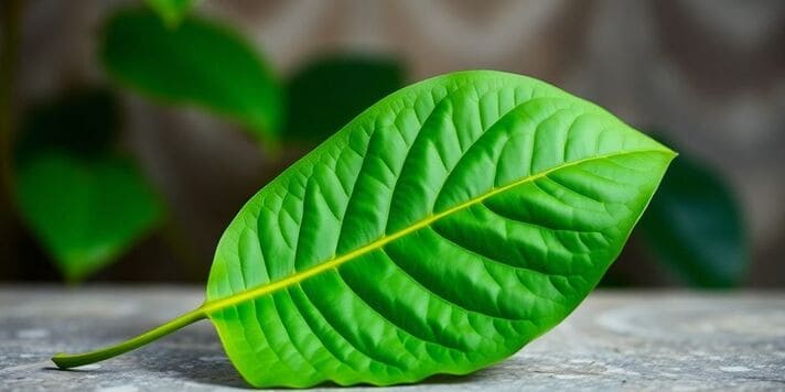 Close-up of a kratom leaf on a surface.