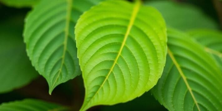 Close-up of vibrant green kratom leaves.