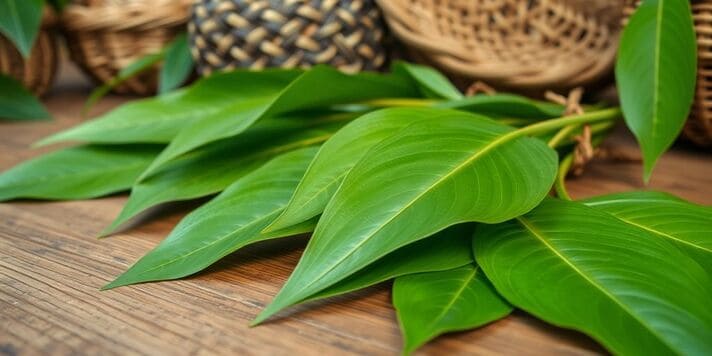 Fresh kratom leaves on a wooden surface with baskets.
