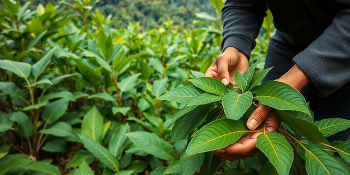 Kratom leaves being harvested in Southeast Asia.