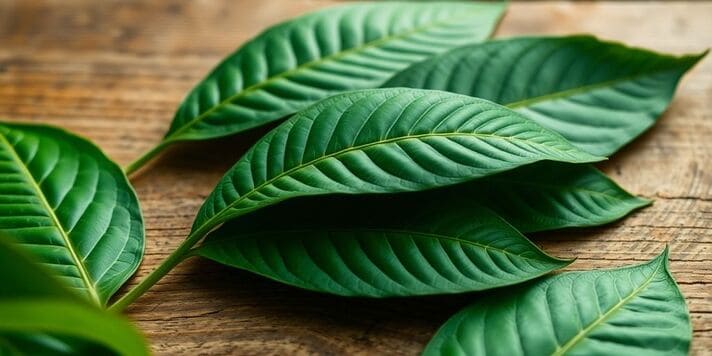 Kratom leaves on a wooden surface.