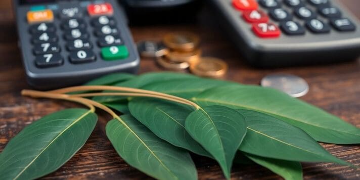 Kratom leaves on wood with payment elements in background.