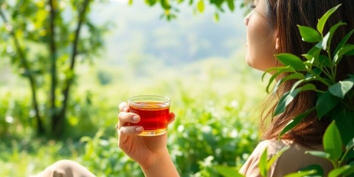 Person relaxing in nature with herbal tea.