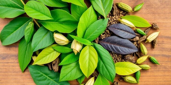 Various kratom leaves on a wooden surface.