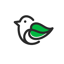 A stylized bird logo with green leaves. Minimalistic design.